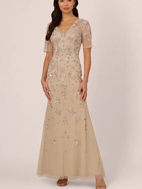Adrianna Papell cream Beaded Long Dress, Biscotti Sz 12